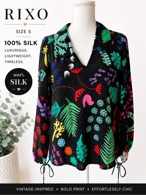 RIXO 100% silk  Floral Blouse Black
Multicolor Statement Top Boho Luxe Size S